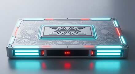 Futuristic metallic device with glowing neon lights