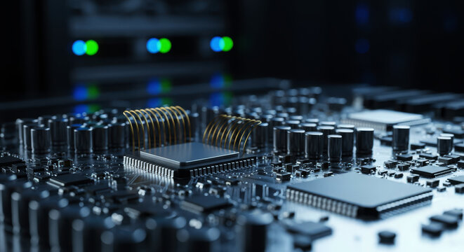 Close-up of a complex motherboard with glowing lights and intricate circuitry details