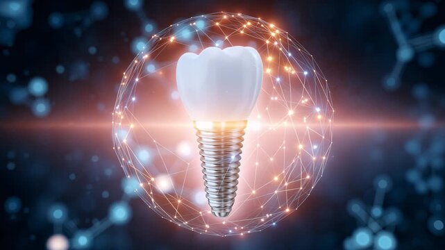 Dental implant artificial tooth titanium technology futuristic digital oral health innovation with metal screw and glowing blue background, modern dentistry advancement and digital network