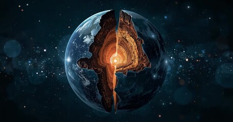 Animating triangular-cut Earth globe showing rocky layers rotating in cosmic void with pulsing core - Powered by Adobe