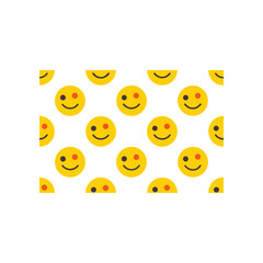 A seamless pattern of yellow smiley faces with one eye red and the other black against a dark background creating a quirky and playful visual