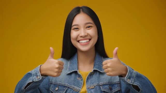 Young Woman Posing with Thumbs Up Against a Yellow Background