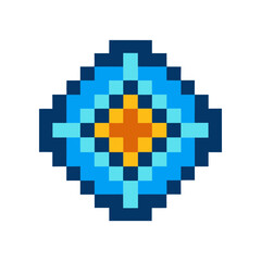 Fototapeta premium A pixel art representation of a stylized compass rose or starburst emblem in shades of blue and orange against a black background evoking a retro gaming aesthetic
