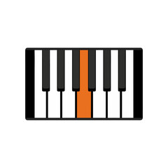 A simple stylized illustration of a piano keyboard with a single orange key highlighted against a stark black background representing a musical note or concept