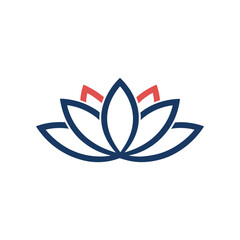 A stylized lotus flower logo in dark blue and coral red representing peace tranquility and spiritual growth perfect for wellness brands and meditation apps