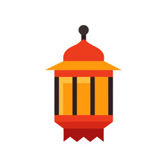 A traditional islamic lantern with a red and orange dome and a yellow body hangs against a black background evoking ramadan and cultural celebrations
