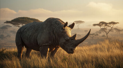 Obraz premium African rhinoceros grazing on golden savannah grass at dawn, safari scene in natural habitat