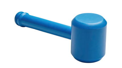 Blue plastic mallet, isolated on black background.  Rounded head, long handle.  Simple tool