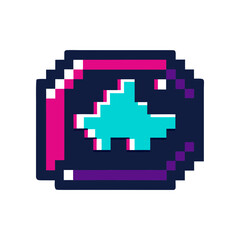 A vibrant pixel art icon featuring a stylized turquoise dinosaur silhouette within a dark blue circular frame accented with magenta and purple