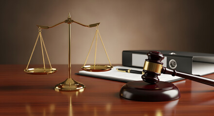Justice scales gavel and legal documents on a wooden desk