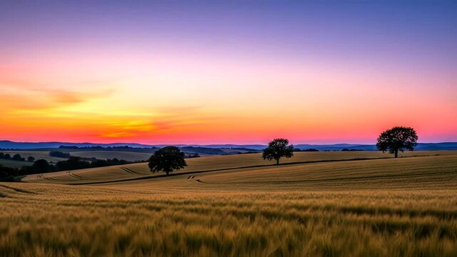 A breathtaking sunset paints a golden landscape of rolling hills and a field of tall grasses.