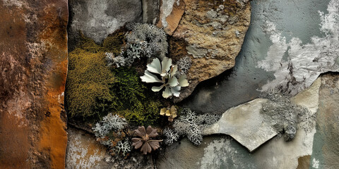 An abstract close-up of a wall or surface with a natural and organic texture, composed of different layers and materials of stone and moss