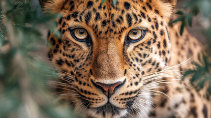 Fototapeta premium Leopard face close-up with golden eyes, intense gaze of wild predator in nature
