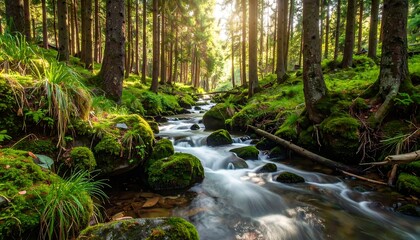Obraz premium Sunlight streams through a mossy forest stream