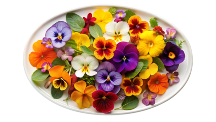 White Oval Platter, Filled with a Vibrant Assortment of Pansy Flowers and Leaves, cutout, PNG isolated on transparent background