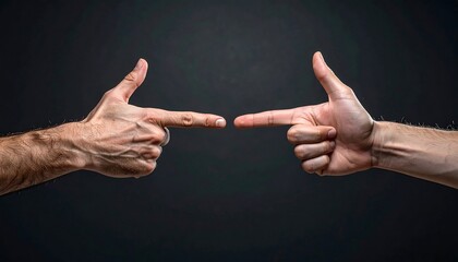 Two hands pointing at each other against a dark background