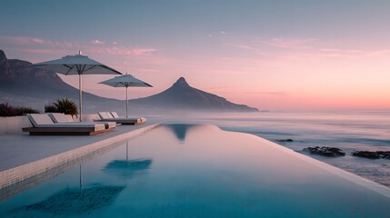 Infinity pool overlooking the ocean with lounge chairs and umbrellas at sunset with mountain view