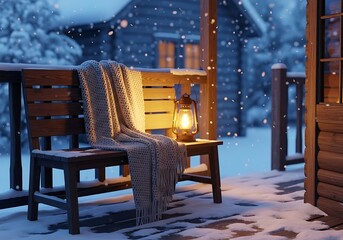 Snowy Winter Evening on a Cozy Porch.