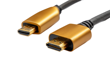 Close-up of two gold-finished HDMI connectors on a black cable