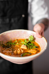 Close-up of a person holding a bowl of hot chicken soup with herbs. Warm tones, fresh ingredients, and professional kitchen attire suggest culinary preparation and comfort food.