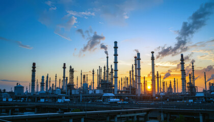 Obraz premium Industrial Refinery Landscape at Sunset With Tall Chimneys and Cloudy Sky.