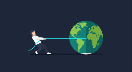 Man pulling the earth with a rope, symbolizing global responsibility and the effort to manage the planets resources and challenges