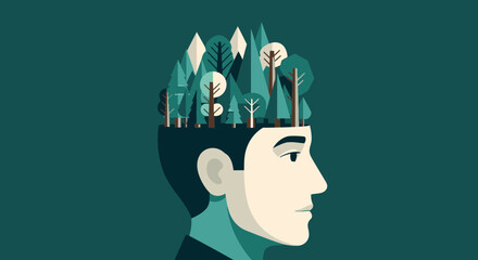 Mans head filled with trees and mountains, representing environmental consciousness, nature in mind, and ecological thinking