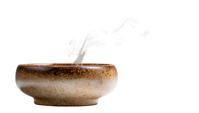 A light beige-brown ceramic bowl, smoke rising