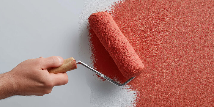 Hand holds paint roller applying vibrant coral color to white wall surface.
 - Powered by Adobe