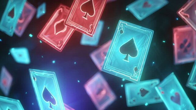 Futuristic playing card neon glowing digital spade abstract floating blue red casino technology dynamic energetic creative background entertainment 3D vibrant modern concept with floating playing