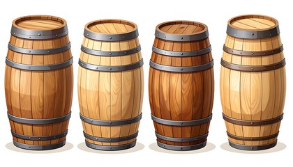 Cartoon wooden barrels in a row