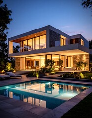 Fototapeta premium Modern luxury home at dusk by a pool