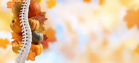 Generated image, Chiropractor, Thanksging, Halloween. A realistic spine combines with vibrant autumn gourds and leaves, symbolizing a blend of health and nature. 