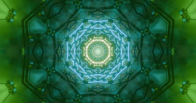 Abstract digital illustration of a green structure with circuit-like forms and blue highlights