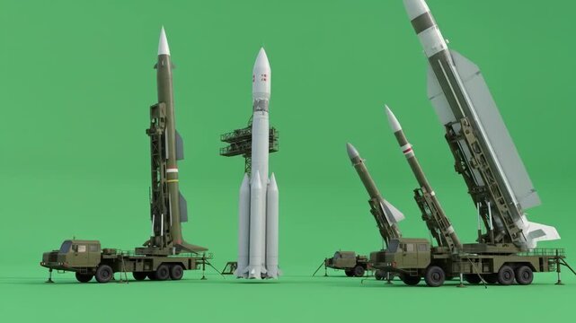 Missiles and Rockets on Green Screen - Multiple missiles and rockets on mobile launch systems are displayed against a chroma key green screen background.