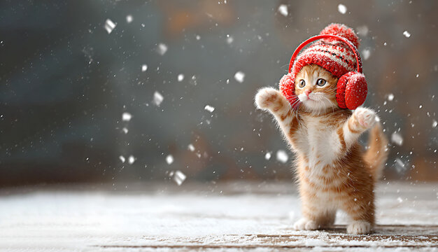 A charming kitten dressed in a winter hat and headphones is ready for the holiday! A perfect image for New Year's cards, animal product advertisements, and children's projects