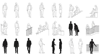 CAD People Vector Set | Men and Women Standing, Walking, Talking Front, Back, Side View Symbols for Architecture and Landscape Design