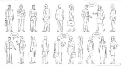 CAD People Vector Set | Men and Women Standing, Walking, Talking Front, Back, Side View Symbols for Architecture and Landscape Design