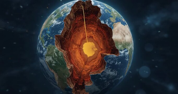 Descending golden drill rod pushing through cutaway Earth globe in space, revealing molten core