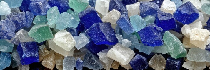 Decorative glass pieces in shades of blue, green, and clear are artistically arranged, showcasing their vibrant colors and unique shapes in close proximity.