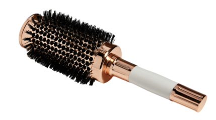 Rose gold hair styling brush with white accents.  A round, rose gold-colored styling brush with a white section in the handle.  Black bristles cover the round head.  The brush has a polished look