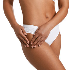 Woman in underwear with smooth skin after epilation procedure on white background, closeup