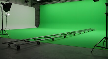 Professional Film Studio Setup with Green Screen and Dolly Track System