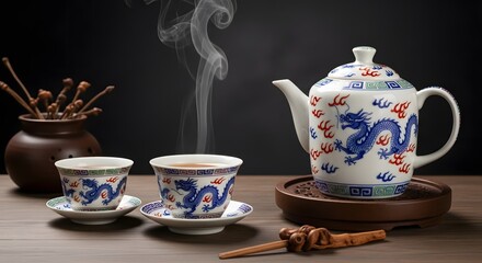 Fototapeta premium Still life of a chinese teapot and two cups with steam rising on a wooden table with dark background