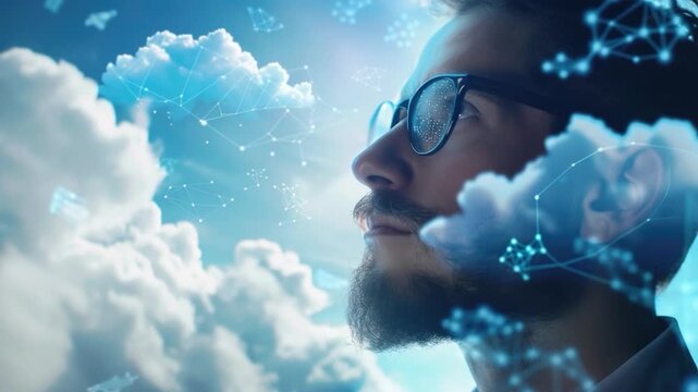 A man with glasses and a beard gazing upwards, possibly contemplating or observing something