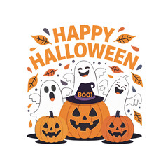 Spooky Halloween celebration with cheerful ghosts and pumpkins in autumn colors