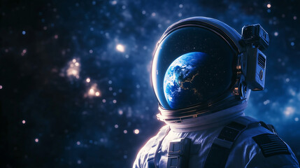 A photograph of a lone astronaut floating in the deep void of space, with the reflection of his visor showing the beautiful but distant Earth, tiny and alone in the vast darkness, stars and nebulae in