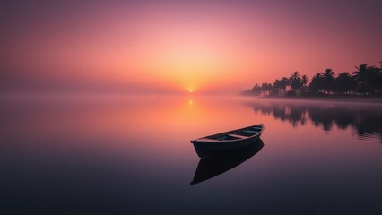 Sunrise over a calm lake with small wooden boats and palm trees.