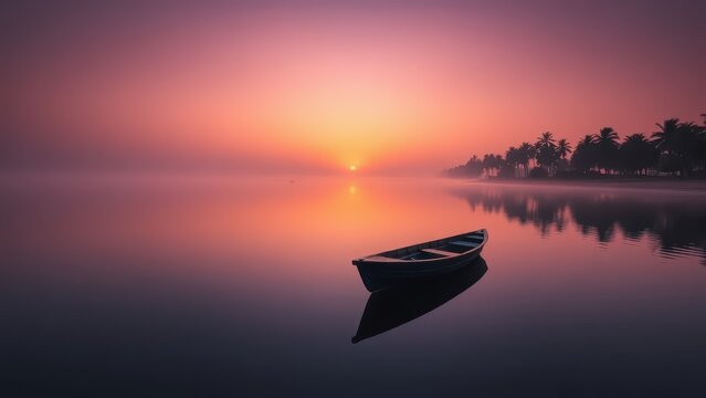 Sunrise over a calm lake with small wooden boats and palm trees. - Powered by Adobe