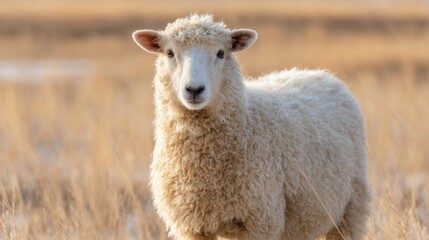 Fototapeta premium Sheep Standing In A Golden Field During Sunset. Serene Rural Landscape And Agriculture Concept